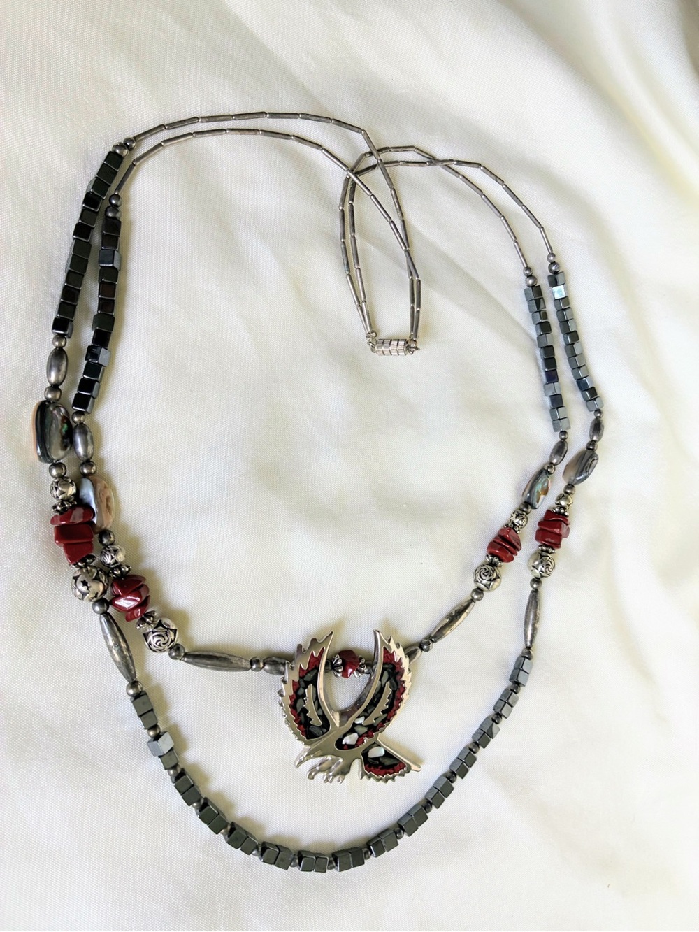 Southwestern Style necklace with Eagle pendant, & liquid silver beads, hematite